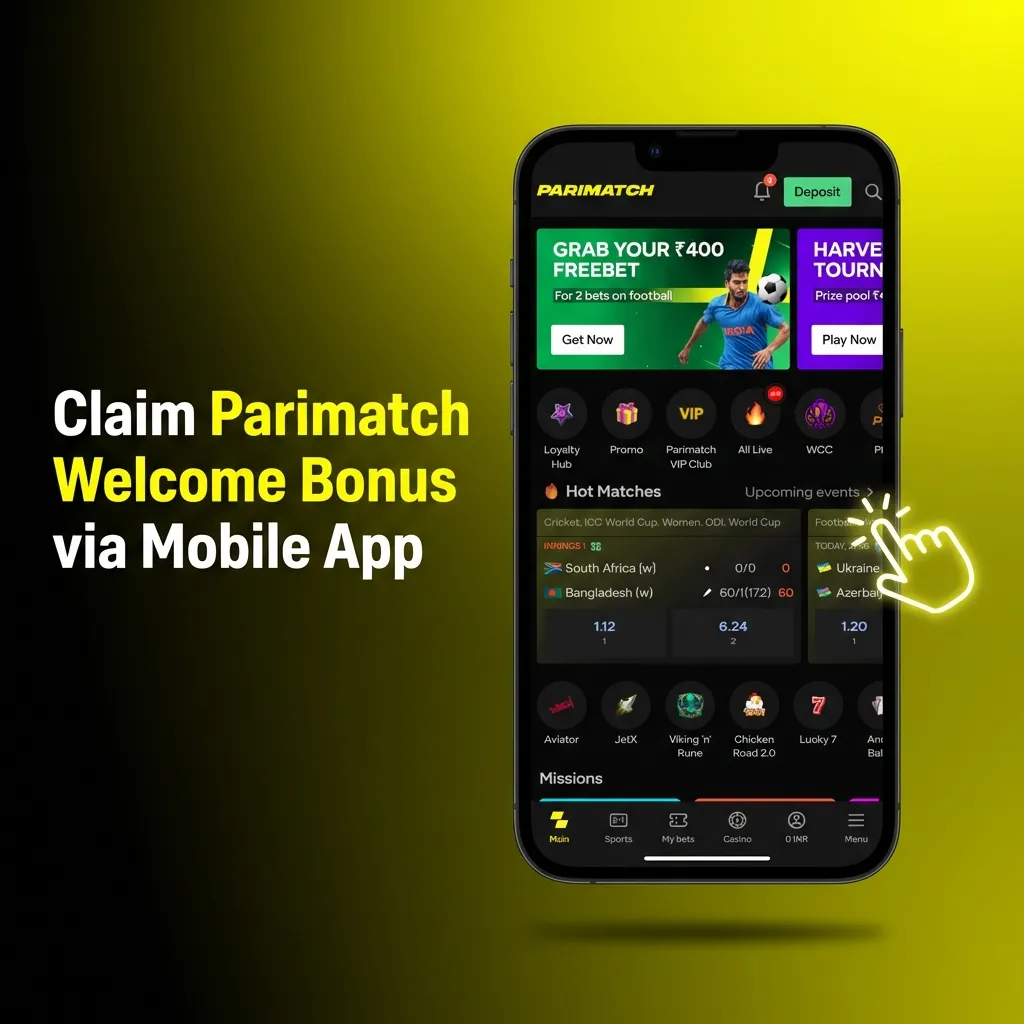 Parimatch mobile app interface showing the welcome bonus claim screen.