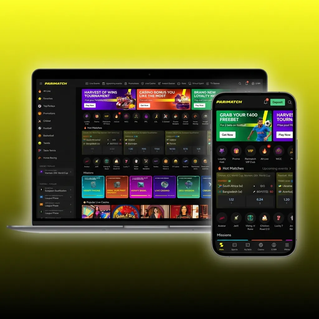 Sleek black and yellow Parimatch website interface showing the top navigation bar for betting and games.