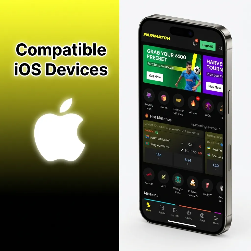 List of compatible iOS devices for the Parimatch app, including iPhones and iPads.