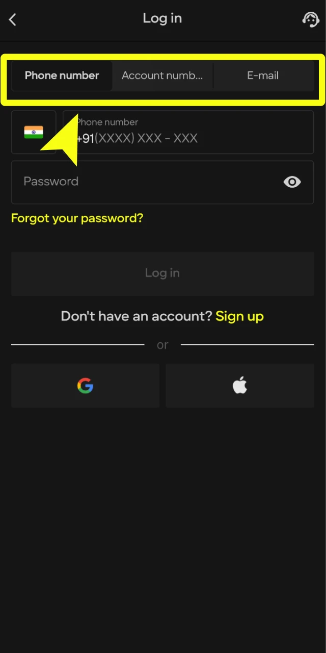 parimatch how to log in choose method
