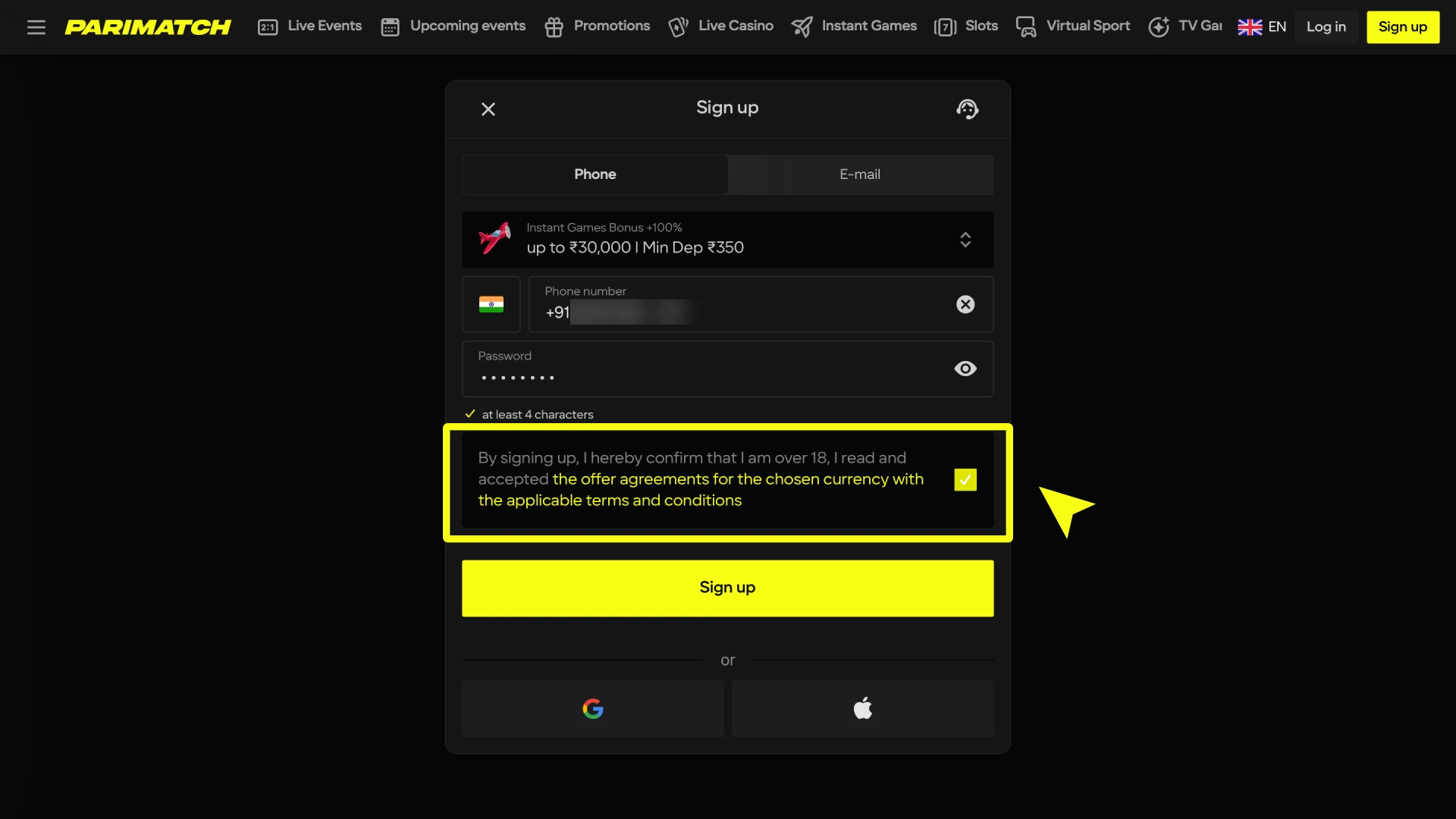 parimatch how to register accept terms conditions