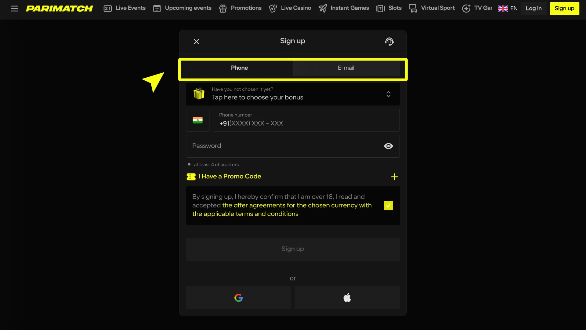 parimatch how to register choose register method