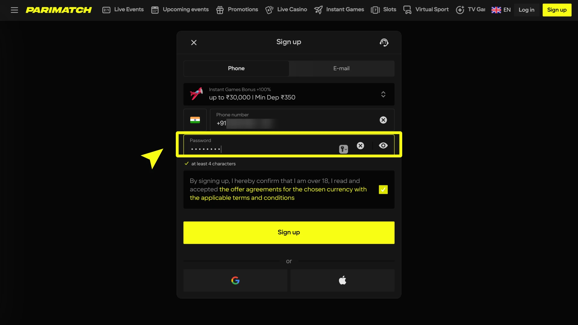 parimatch how to register create password
