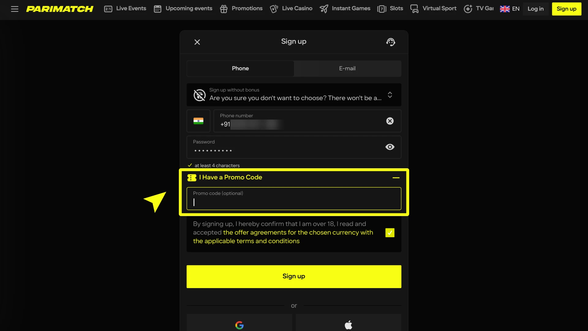 parimatch how to register enter promo code