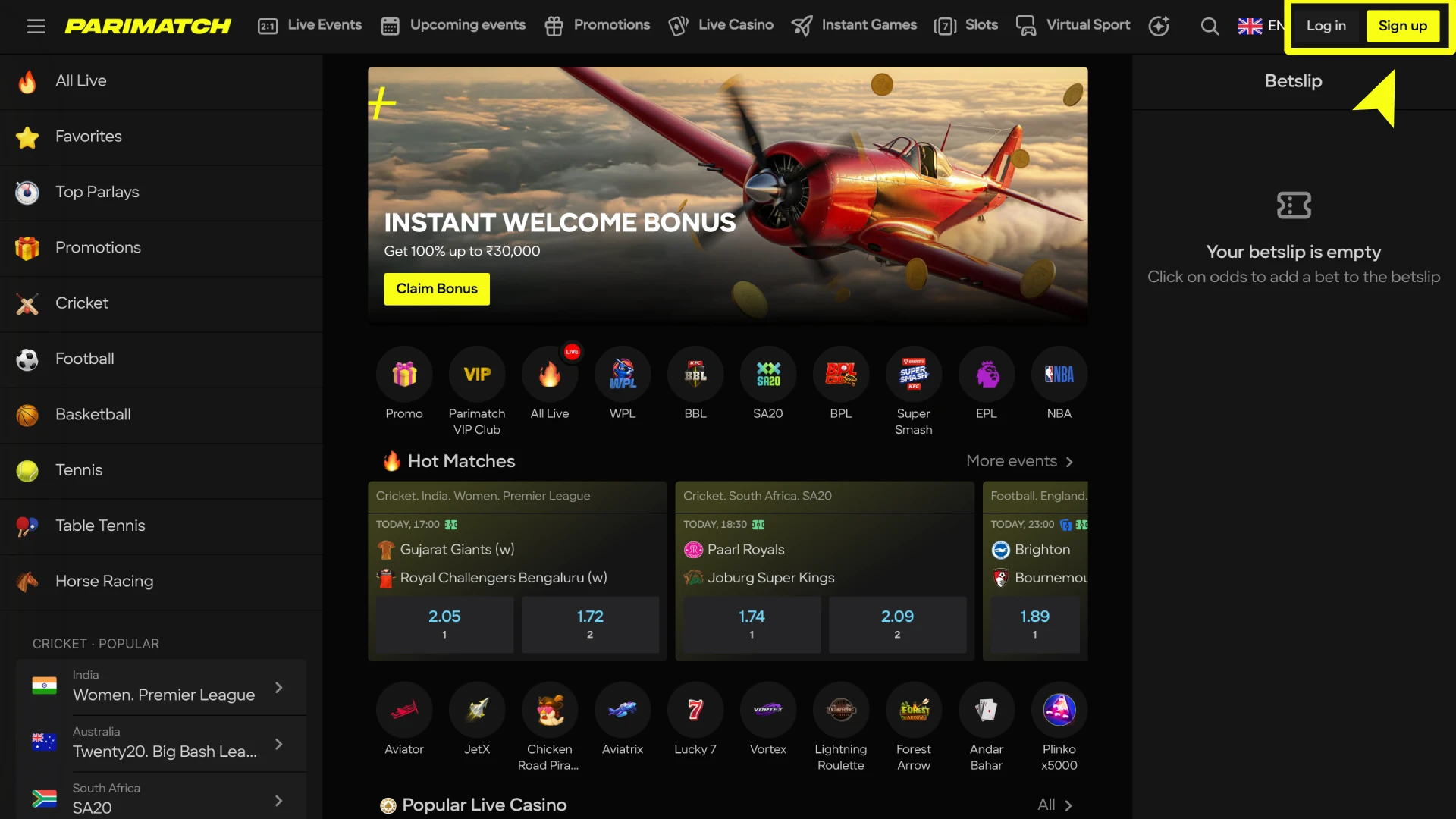 parimatch how to register start