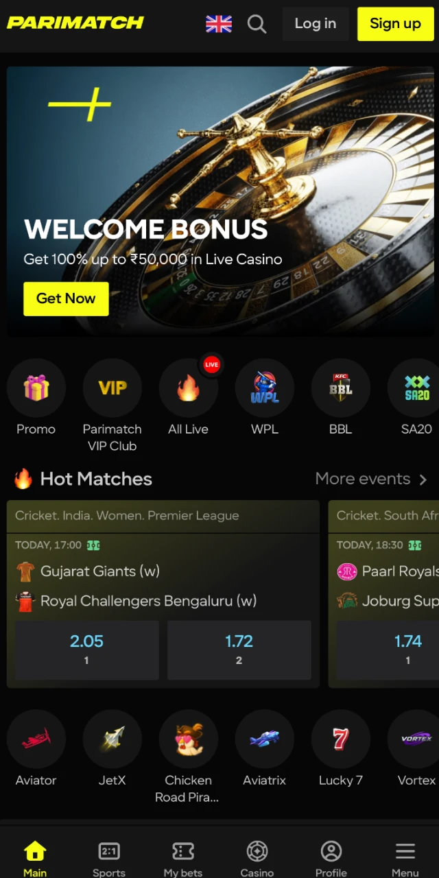 parimatch interface mobile main