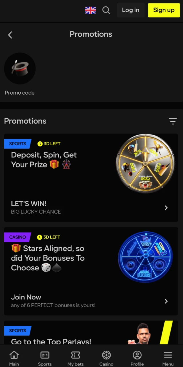 parimatch interface mobile promo