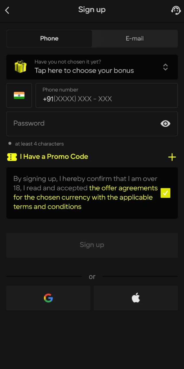 parimatch interface mobile register
