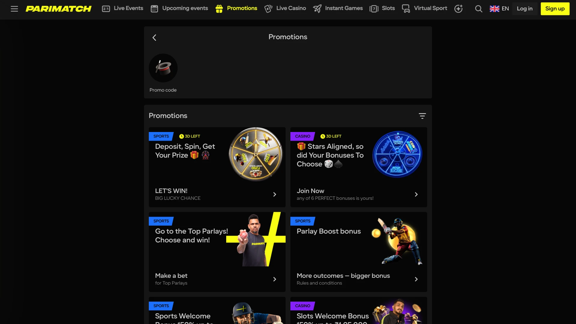 parimatch interface promo