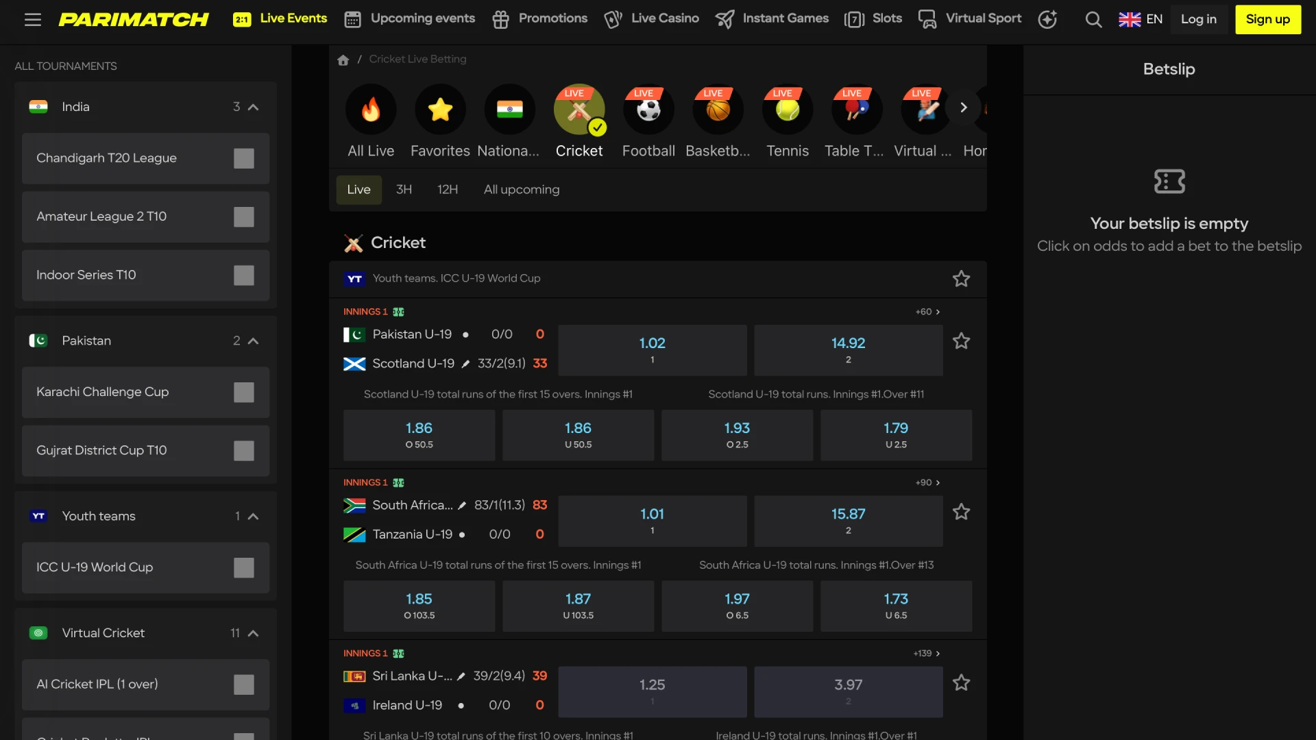 parimatch interface sports