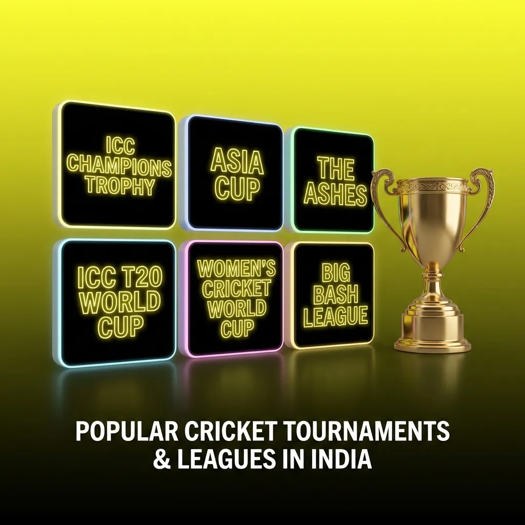 Graphic showing popular cricket tournaments like the IPL, ICC World Cup, and The Ashes.
